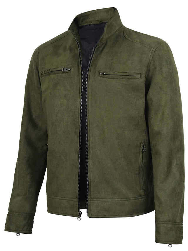 Men's olive faux suede cafe racer jacket