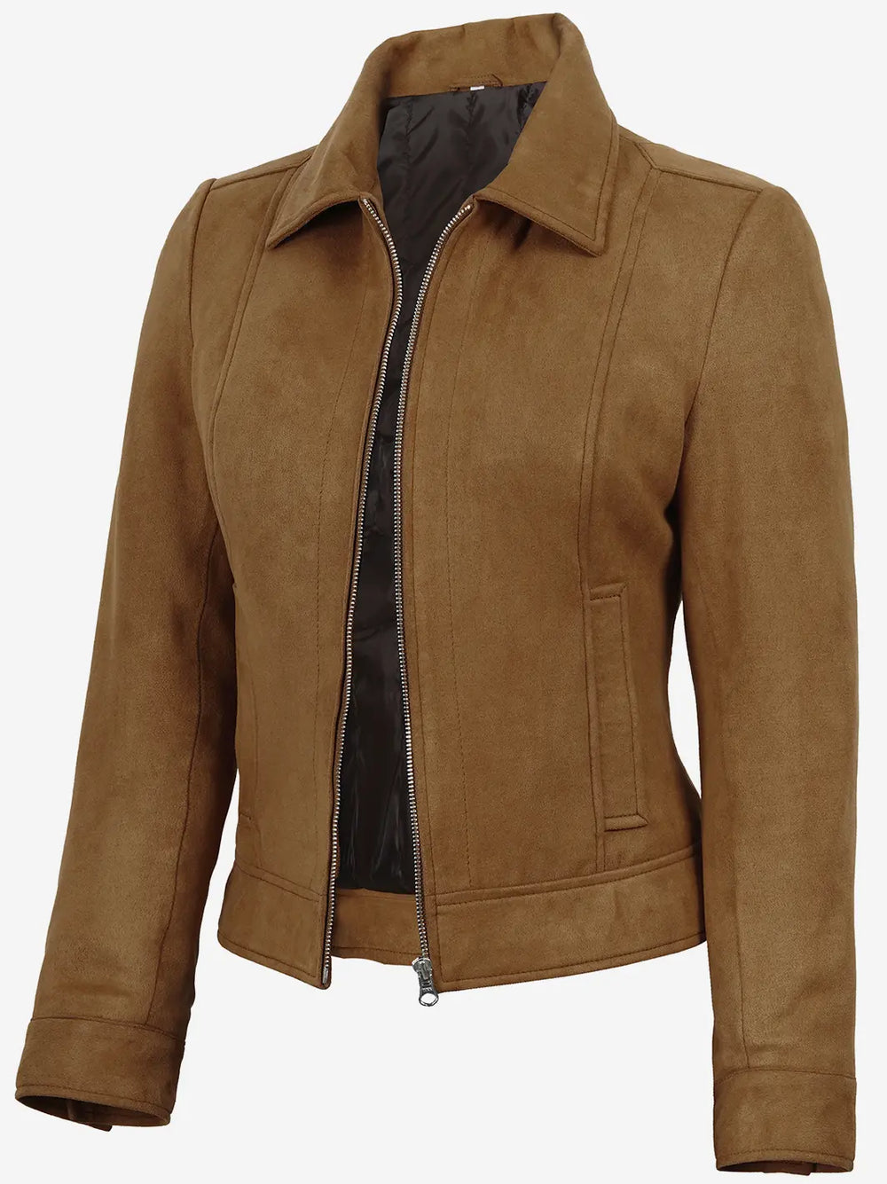 Women's Light Brown Faux Suede Harrington Jacket - Front