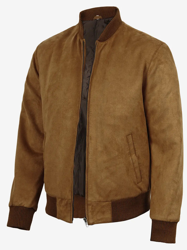 Men's light brown faux suede bomber jacket, stand collar