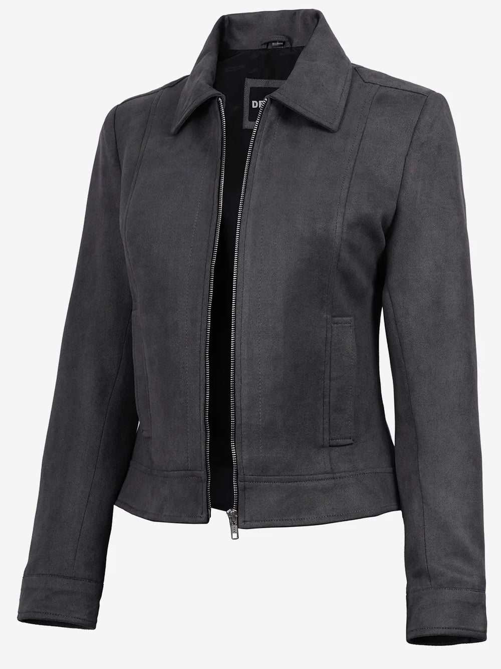Women's Dark Grey Faux Suede Harrington Jacket - Front