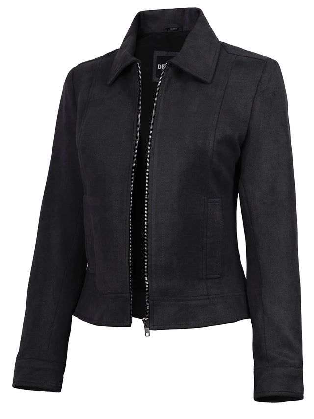 Women's black faux suede Harrington jacket, side zip