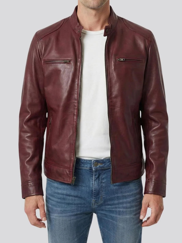 Men's burgundy biker style leather jacket