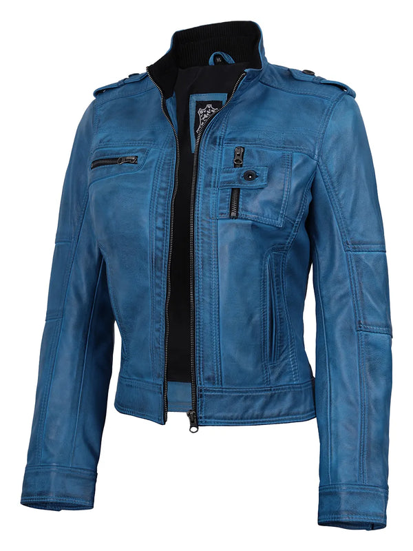 Women's Blue Leather Jackets | Real Lambskin | Decrum