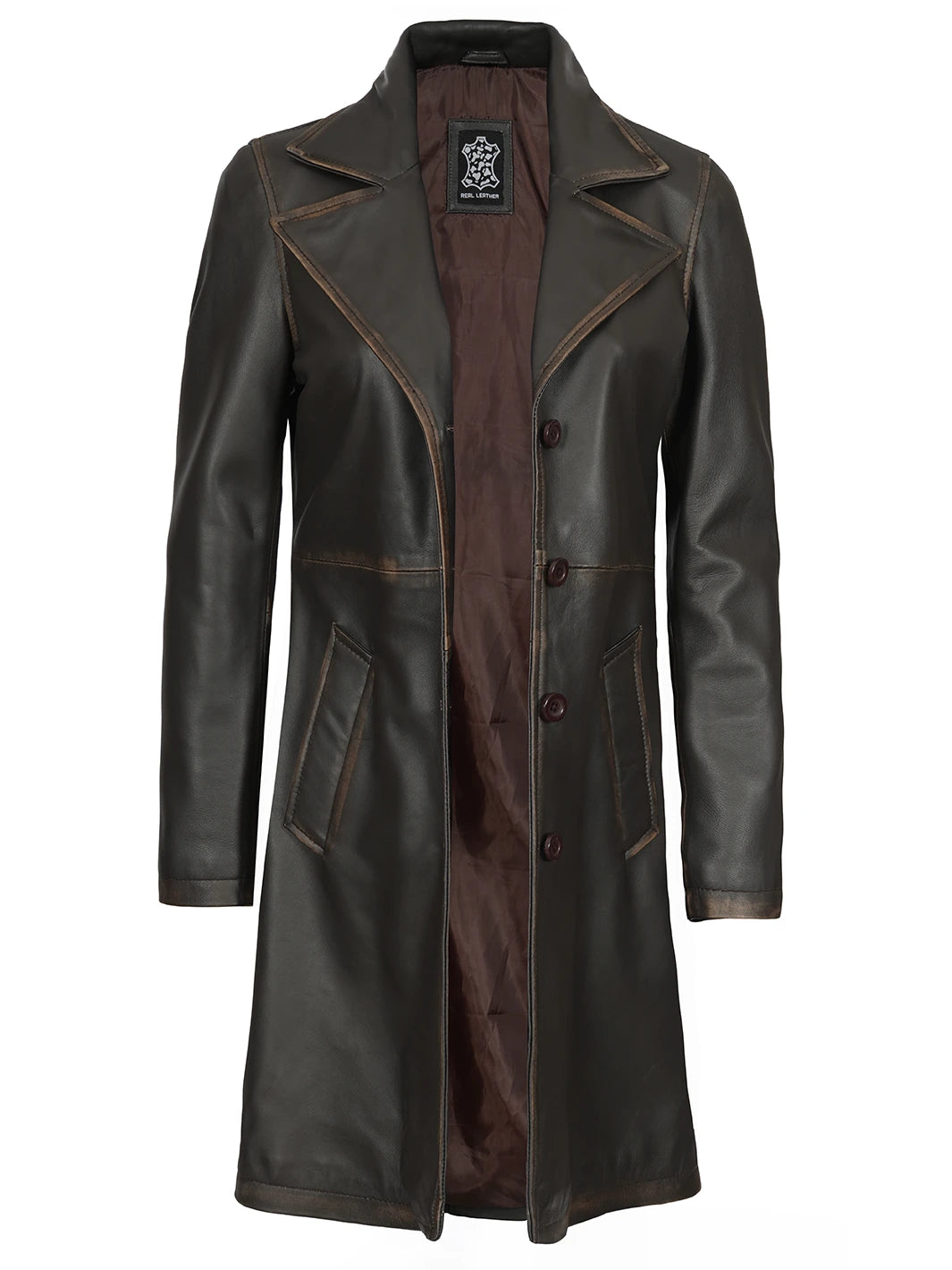 Brown leather coat with a brand label on a white background