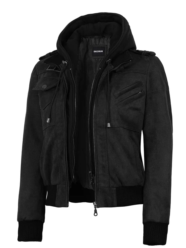 Women's black faux suede hooded bomber jacket