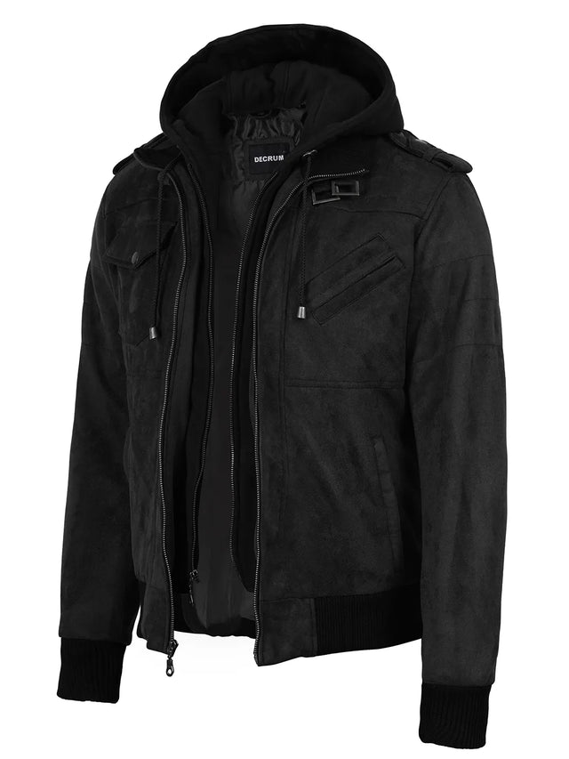 Men's black faux suede hooded bomber jacket