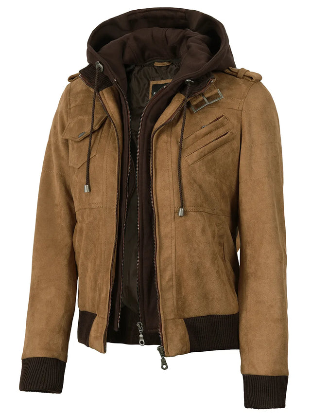 Women's light brown faux suede hooded bomber jacket