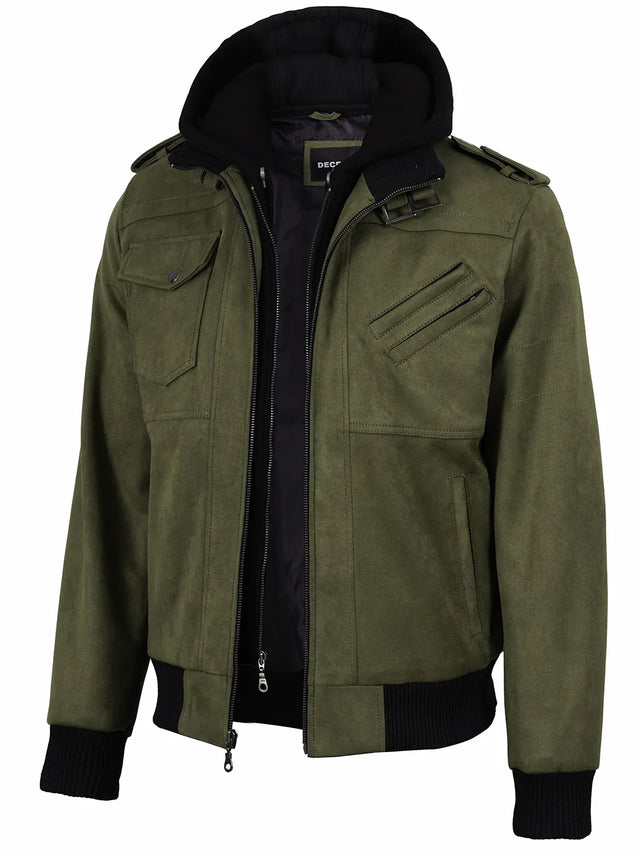 Men's olive faux suede hooded bomber jacket