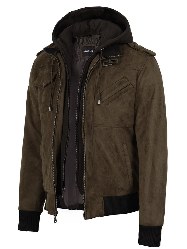 Men's dark brown faux suede hooded bomber jacket