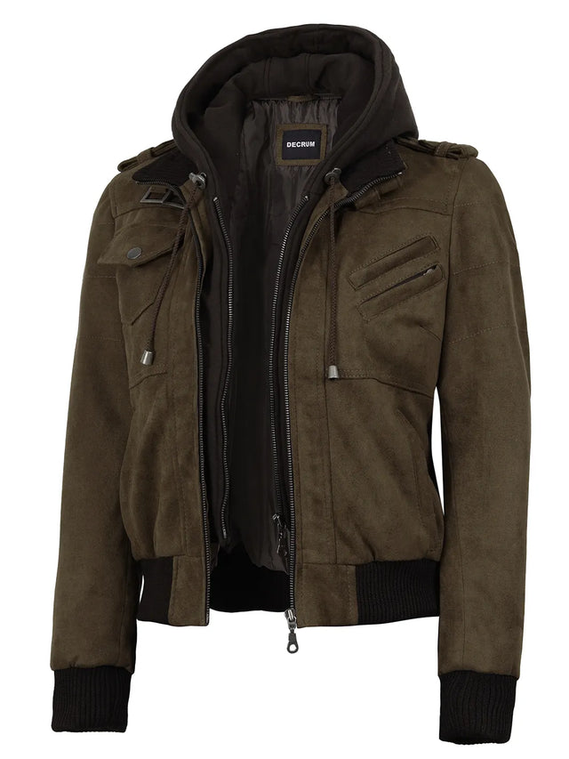 Women's dark brown faux suede hooded bomber jacket