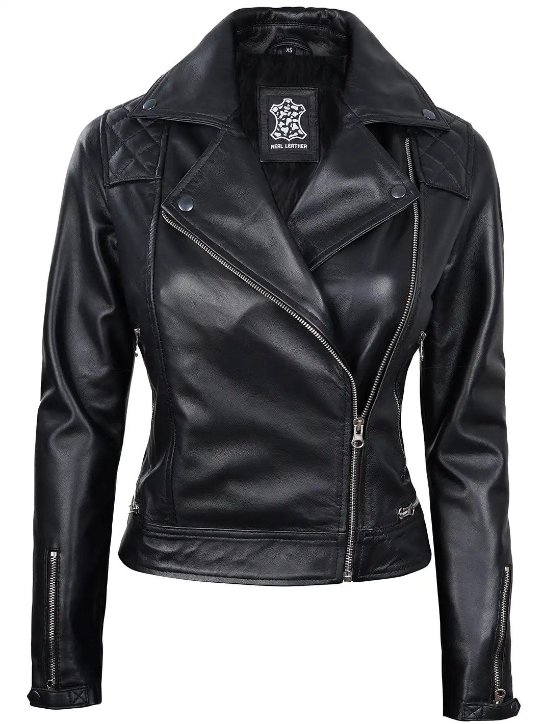 Women Black Quilted Asymmetrical Leather Jacket
