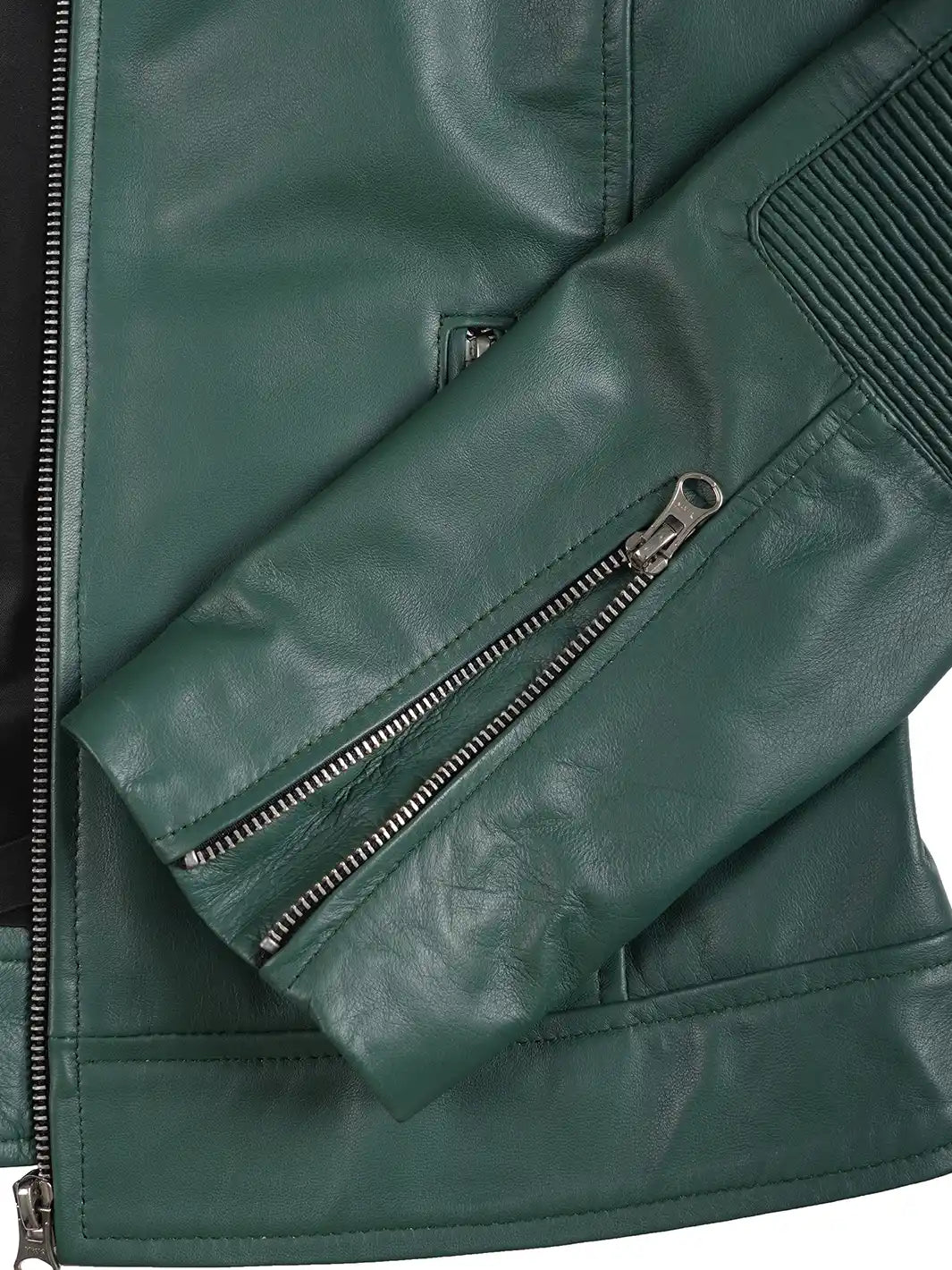 Close-up of a green leather jacket with zippers on a white background