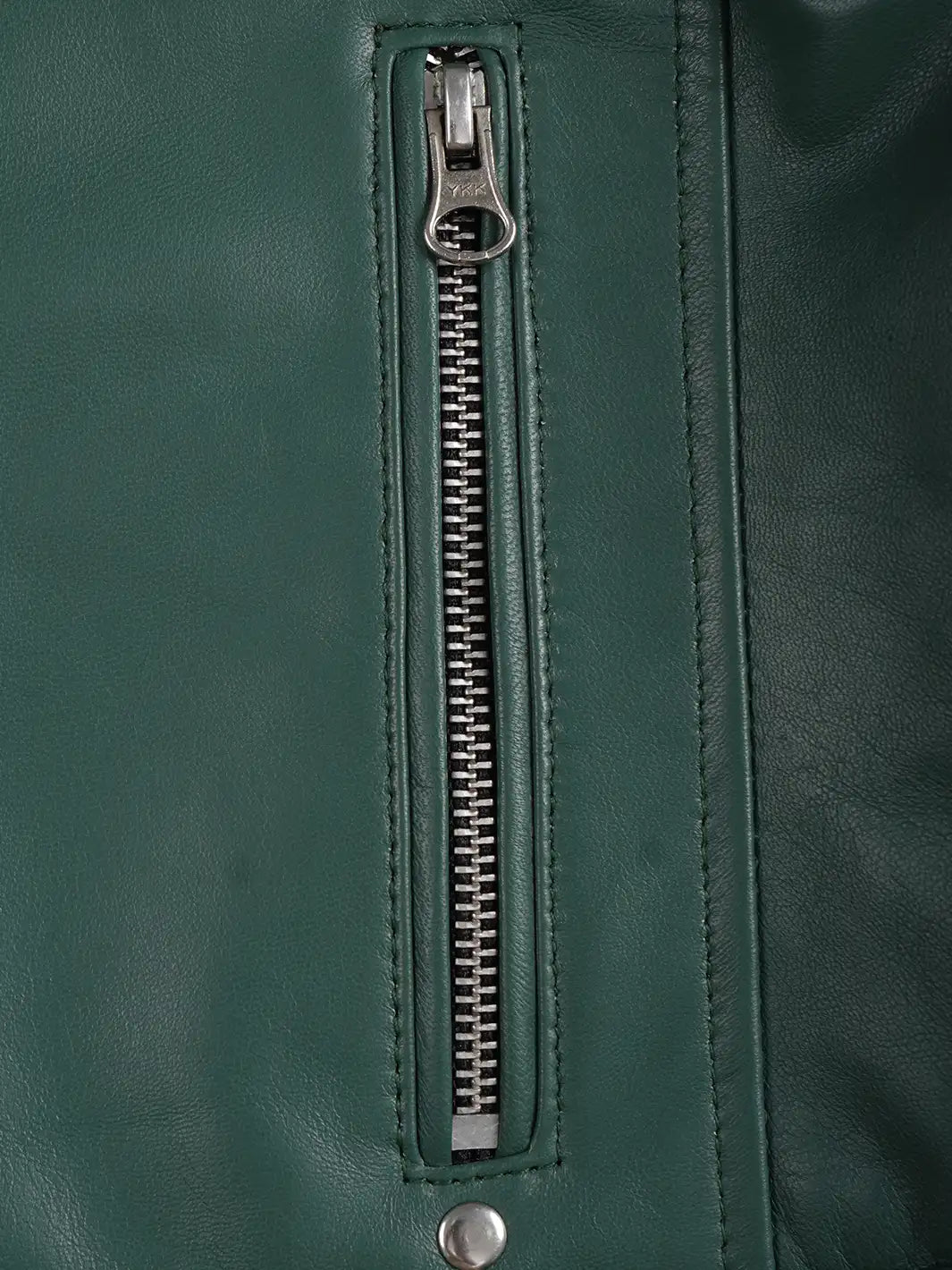 Close-up of a green leather jacket with a zipper