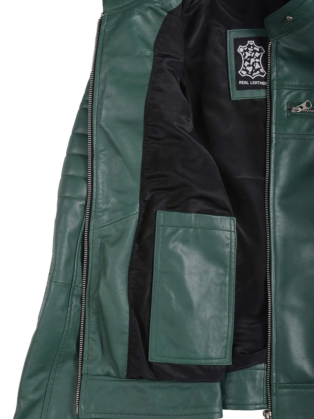 Green leather jacket with a brand logo on a white background