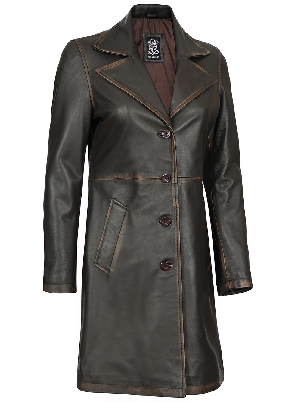 Women Rub Off Dark Brown Distressed Leather Long 3/4 Coat – Decrum