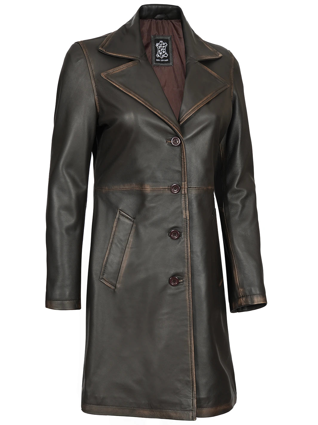 Brown leather coat with buttons on a white background