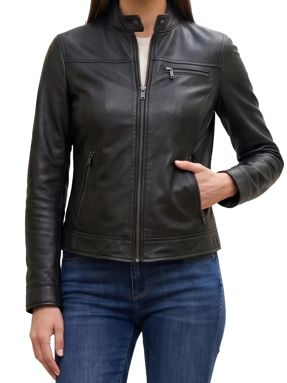 A woman wearing a black leather moto jacket with a zip-up front, zippered chest pocket, and side pockets, paired with blue jeans against a white background.