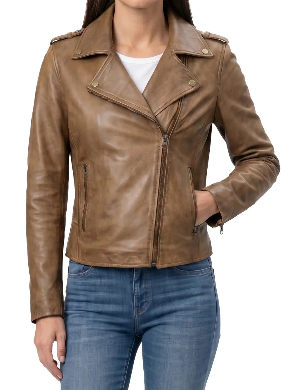 A woman wearing a brown faux-leather moto jacket with an asymmetrical zipper, snap collar, and zippered side pockets, paired with blue jeans.

