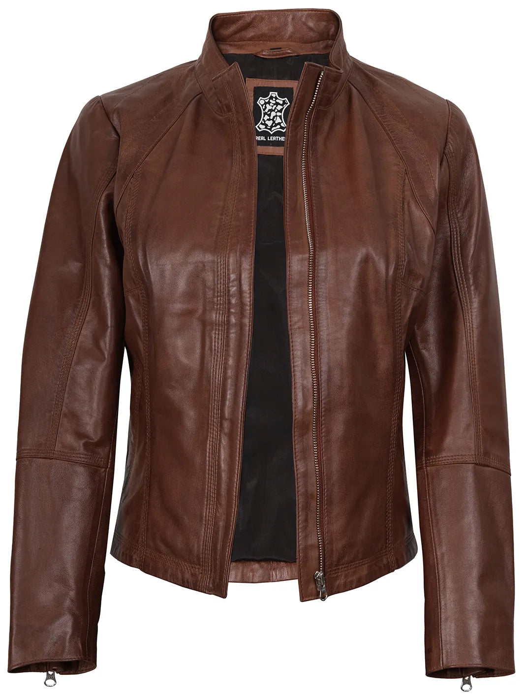 Acerra Cognac Brown Biker Real Leather Jacket Womens