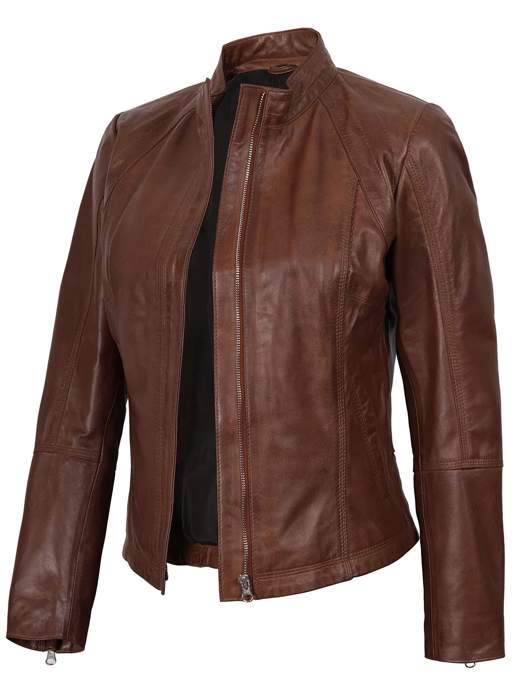 Acerra Womens Cognac Brown Biker Real Leather Jacket