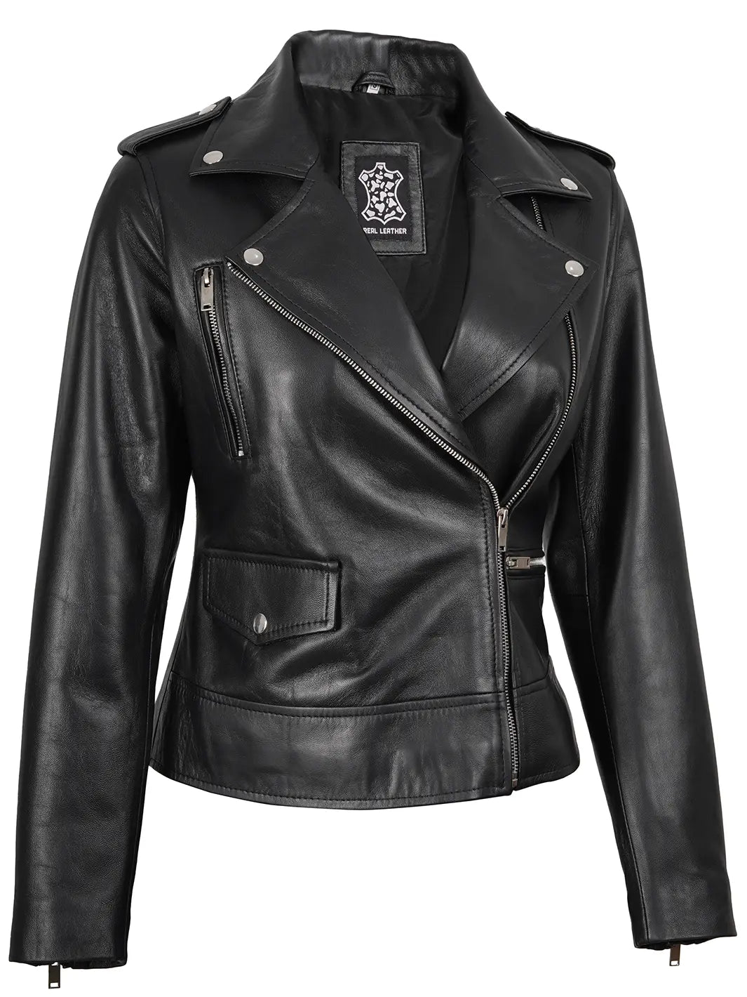 Amber Asymmetrical Black Biker Leather Jacket For Women