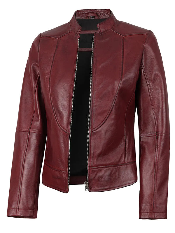 Amy Burgundy Cafe Racer Leather Jacket