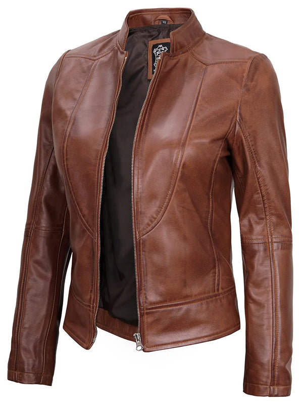 Amy Womens Cognac Brown Cafe Racer Leather Jackets