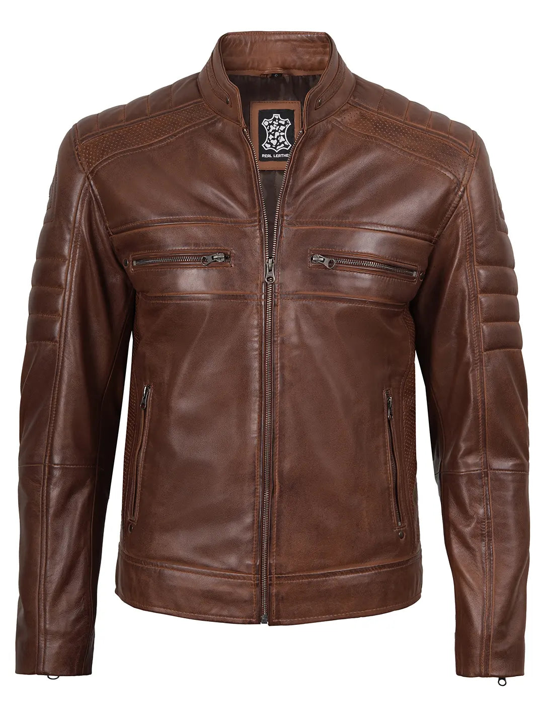 Austin Mens Cognac Brown Cafe Racer Leather Jacket