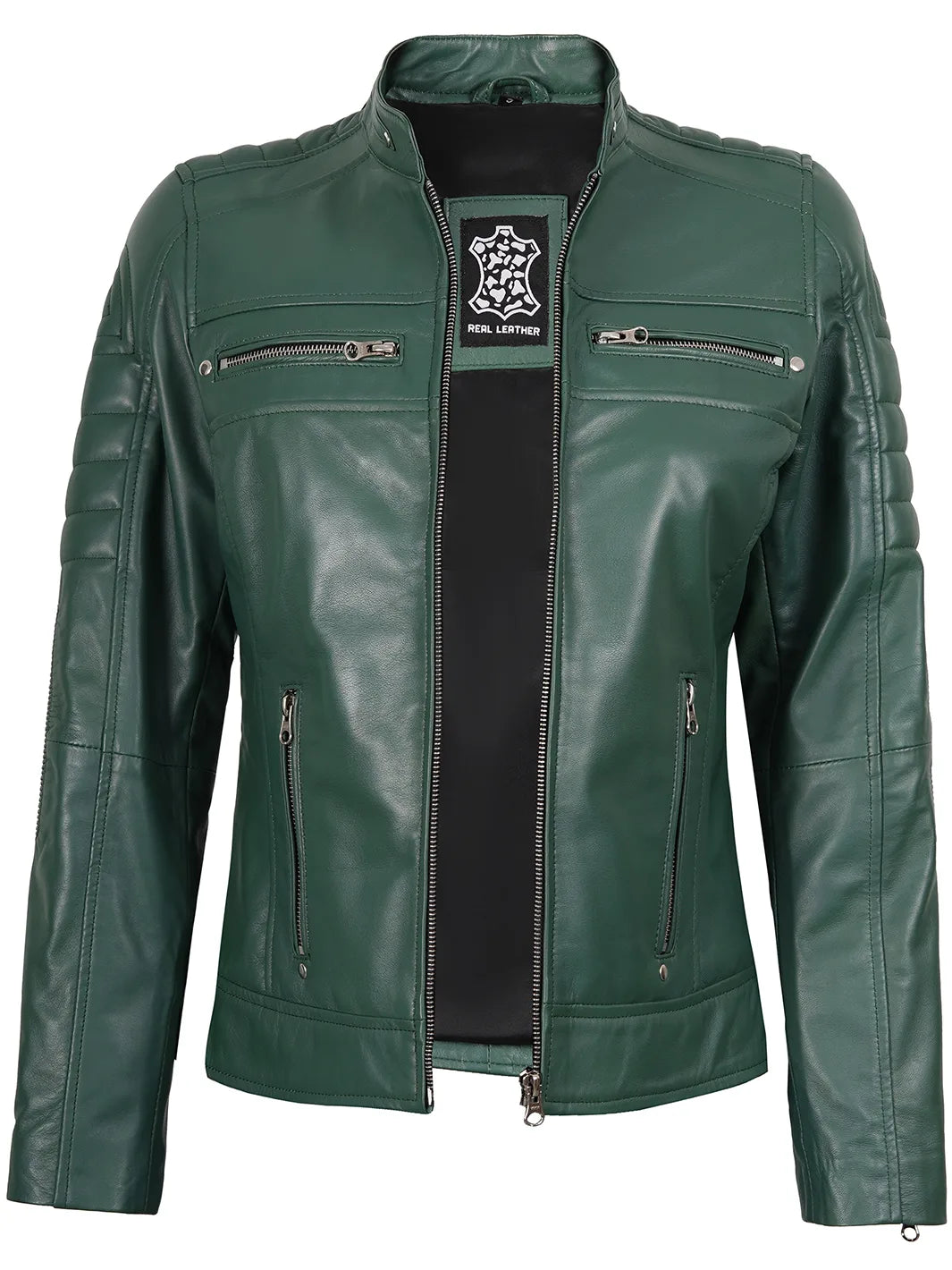 Austin Women Cafe Racer Green Leather Jacket