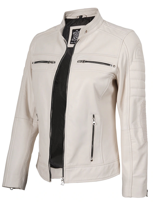 Austin Women Off White Biker Leather Jacket