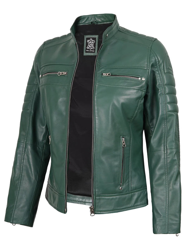 Austin Womens Cafe Racer Green Leather Jackets