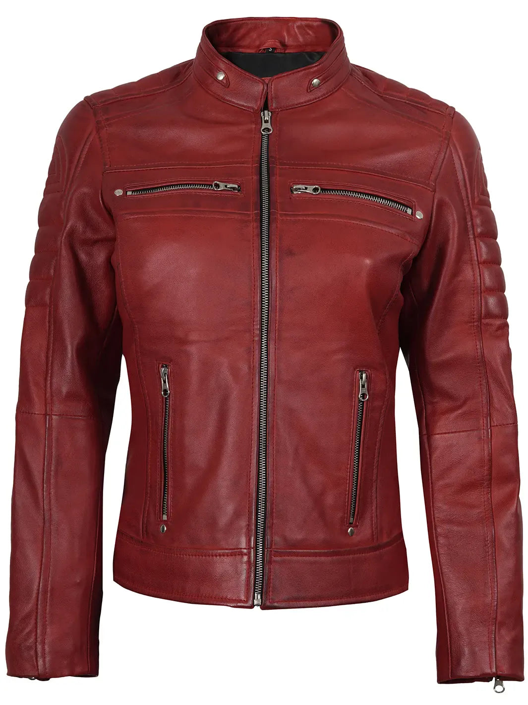 Decrum Austin Womens Red Cafe Racer Style Leather Jacket
