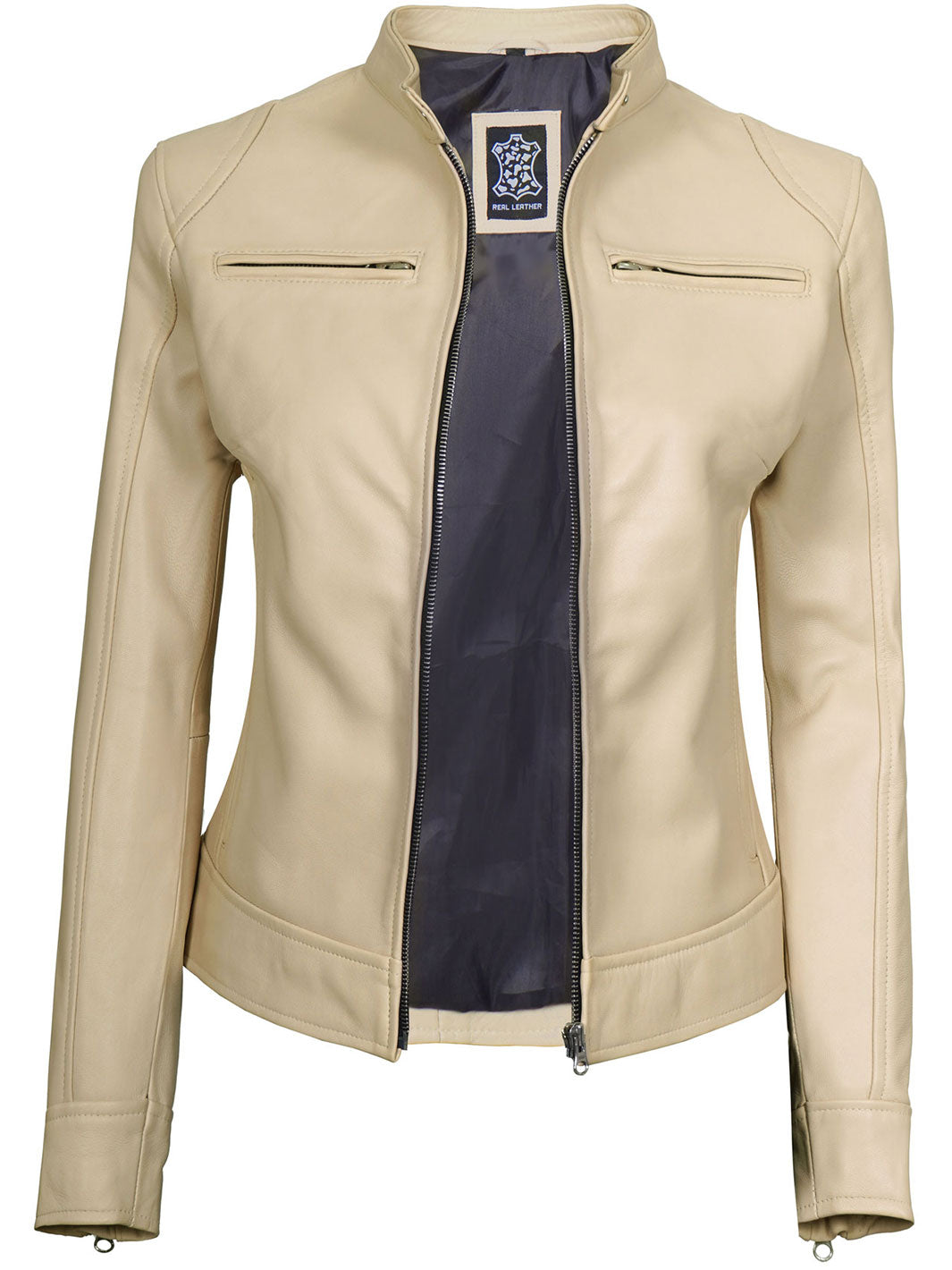 Dodge Women s Beige Leather Cafe Racer Motorcycle Jacket