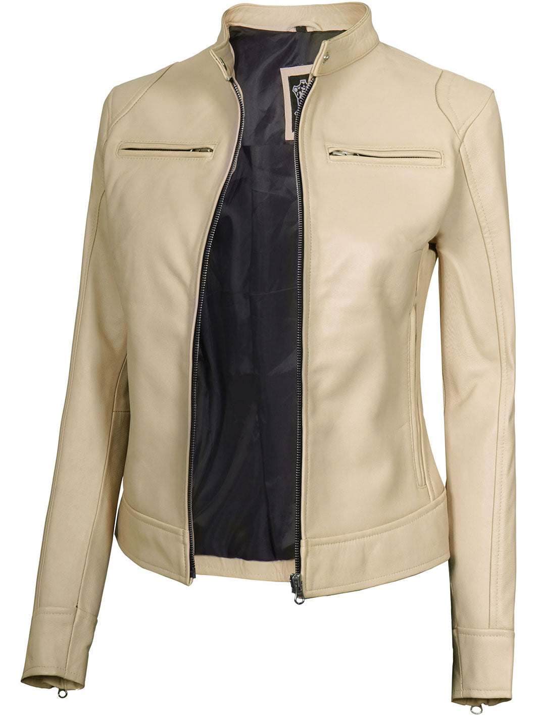 Dodge Women's Beige Leather Cafe Racer Motorcycle Jacket decrumnew