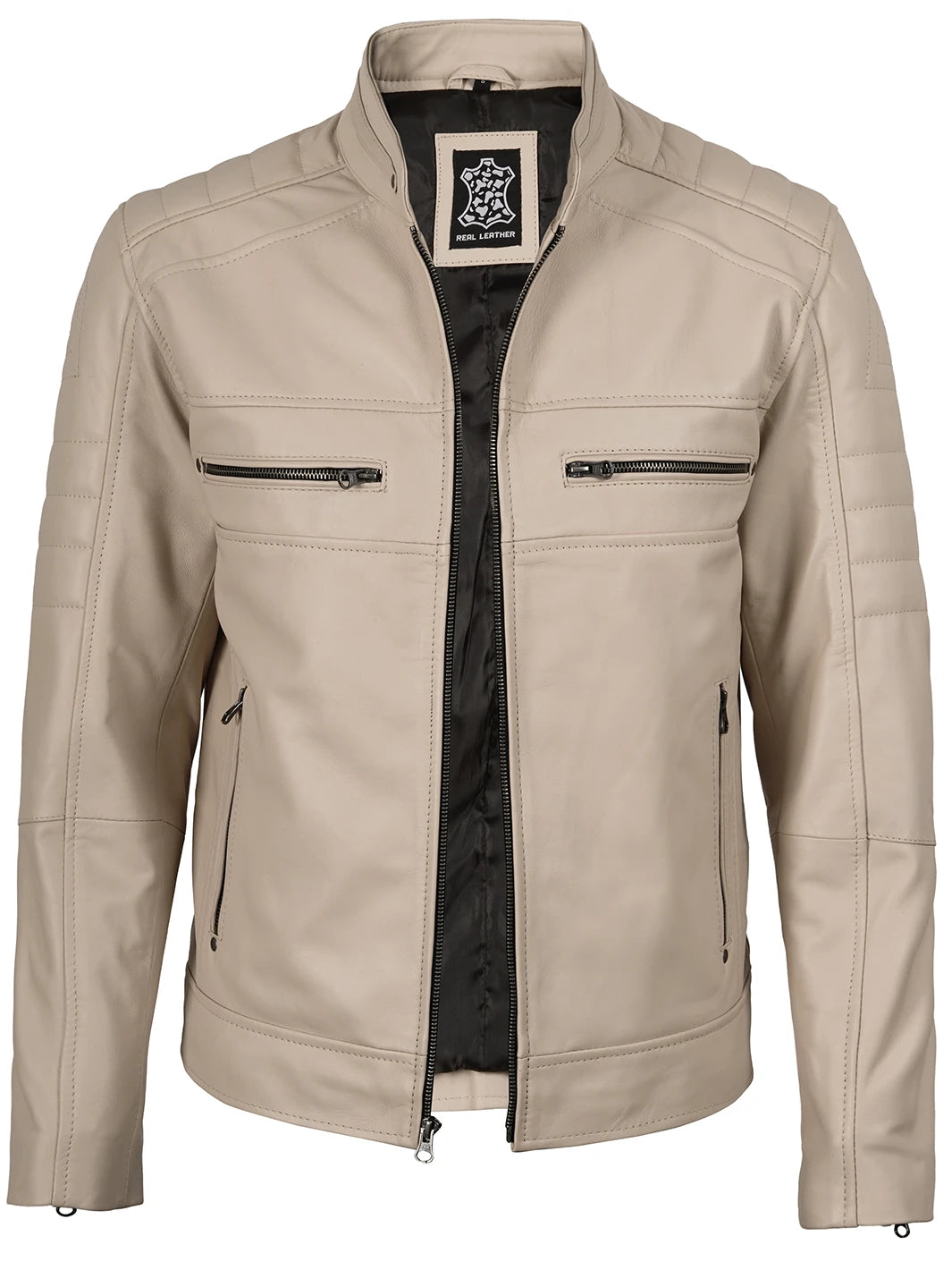 Beige Cafe Racer Style Leather Jacket For Men