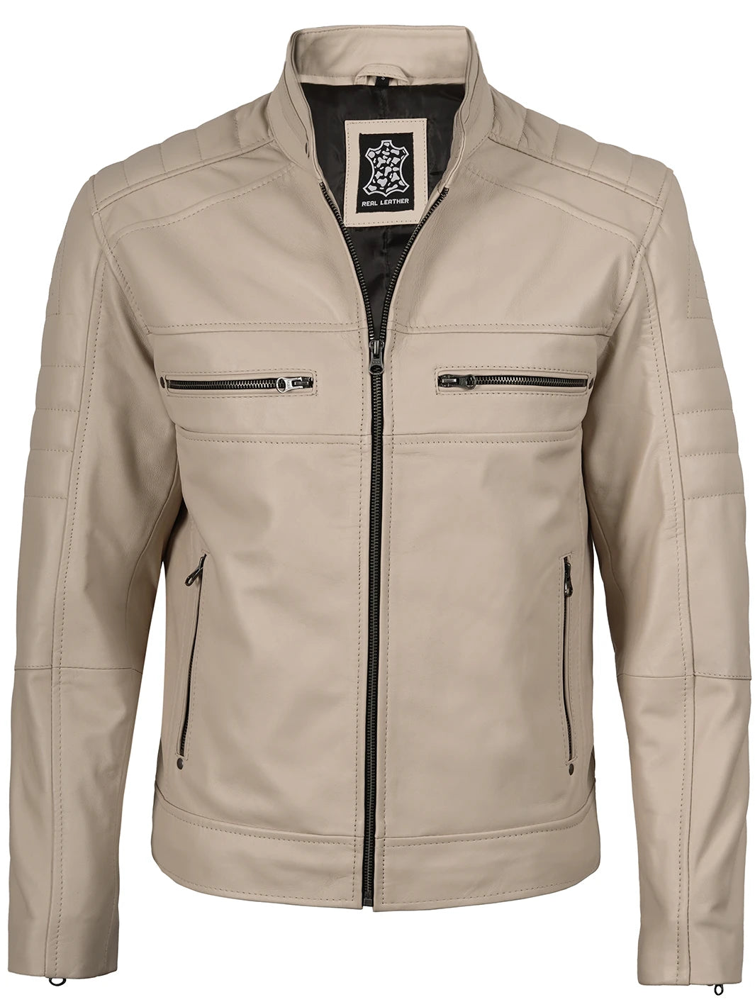 Beige Mens Cafe Racer Style Leather Jacket