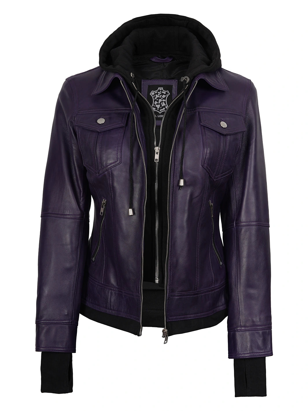 Betty Womens Purple Hooded Real Leather Jacket