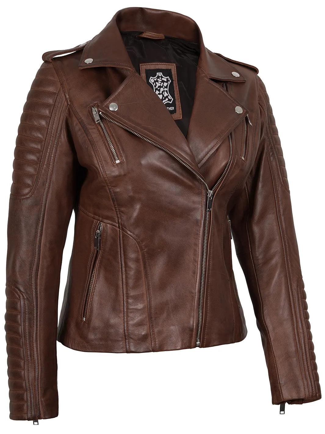 Biker Leather Jacket Womens Cognac with Removable Hood