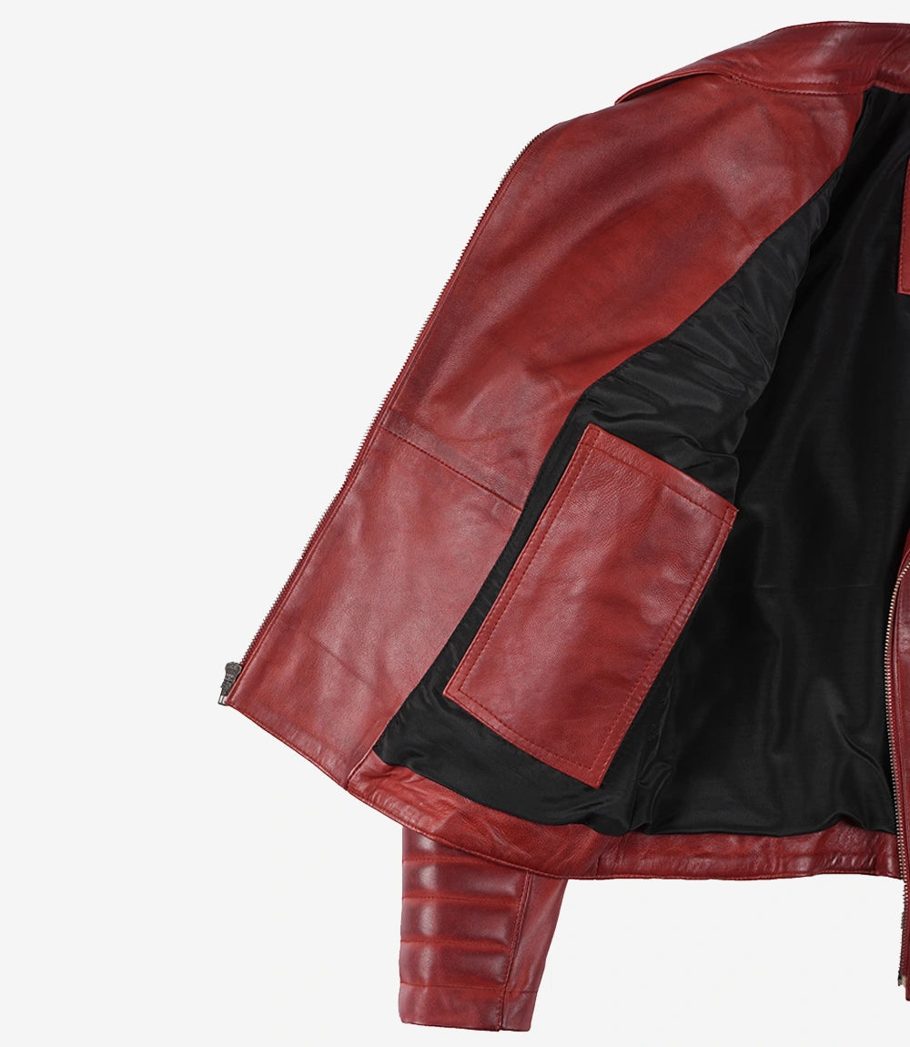 Biker Quilted Red Real Leather Jacket Womens 