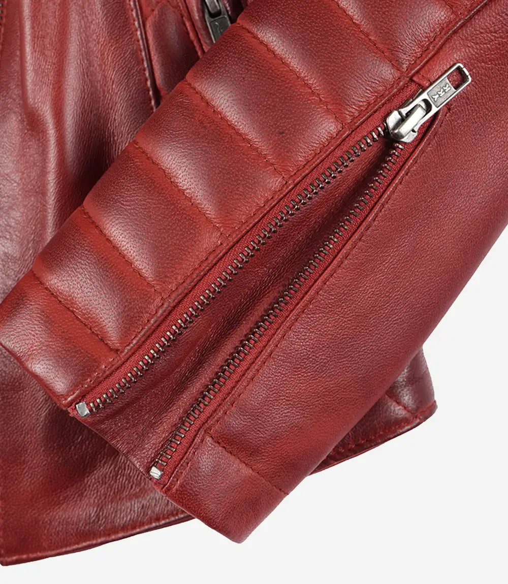 Biker Quilted Red Real Leather Jacket for Women