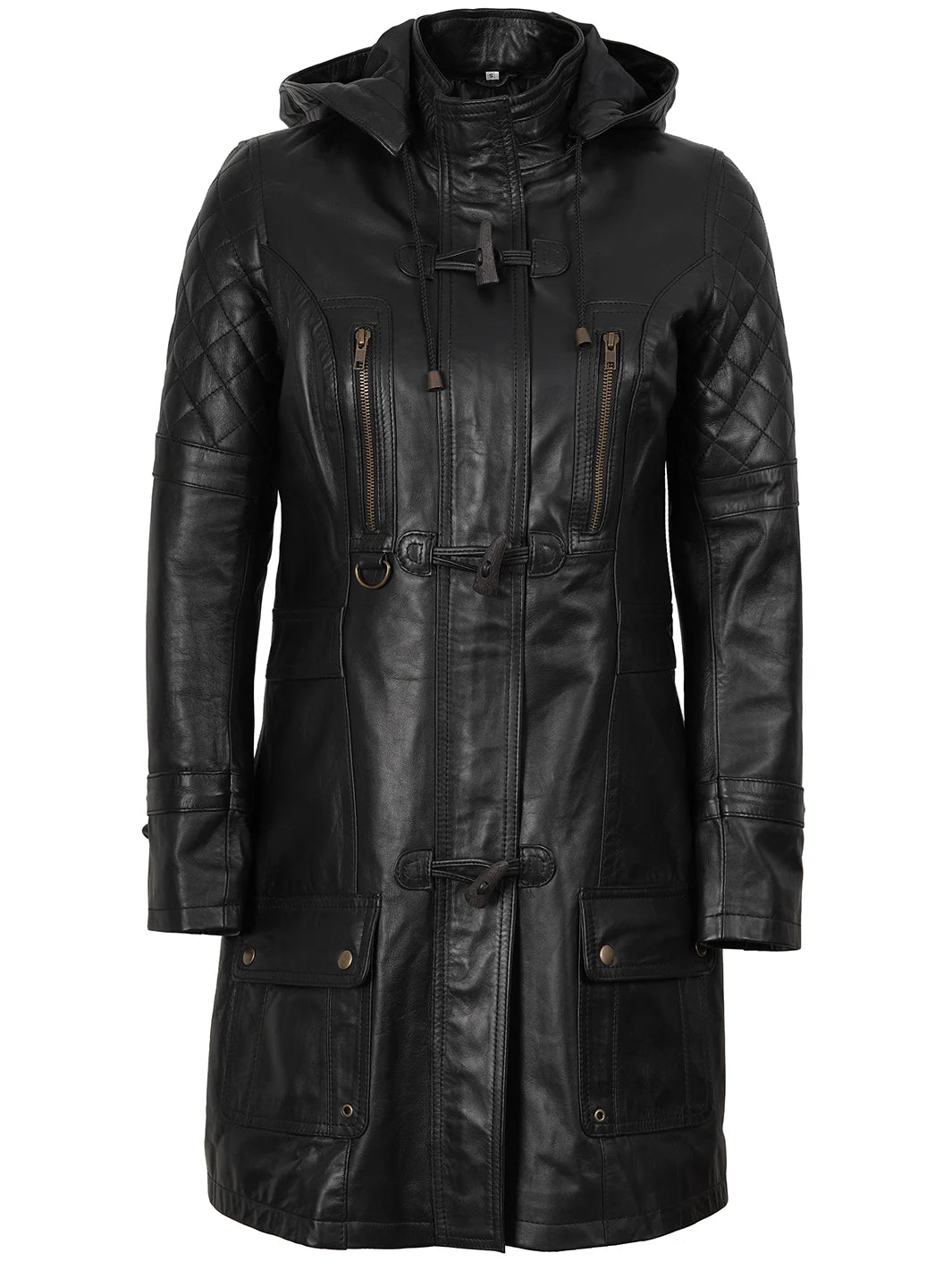 Womens Black 3 4 Length Leather Coat With Hood