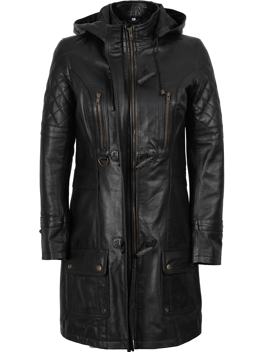Womens Black 3 4 Length Leather Coat With Hood
