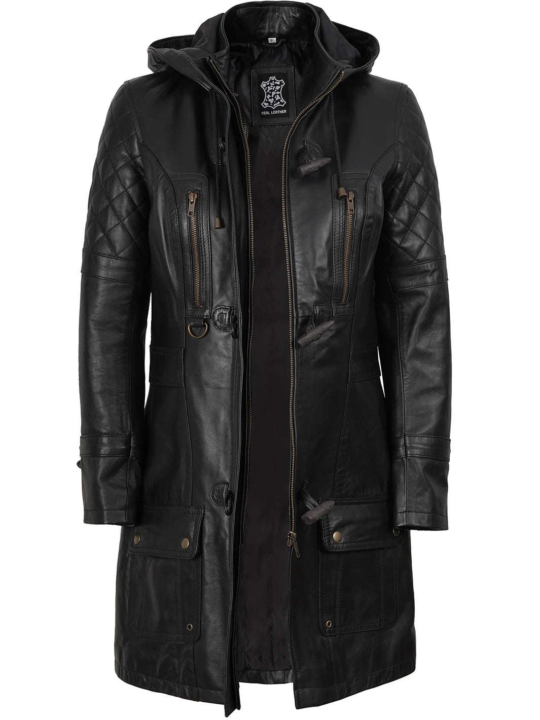 Womens Black 3 4 Length Leather Coat With Hood