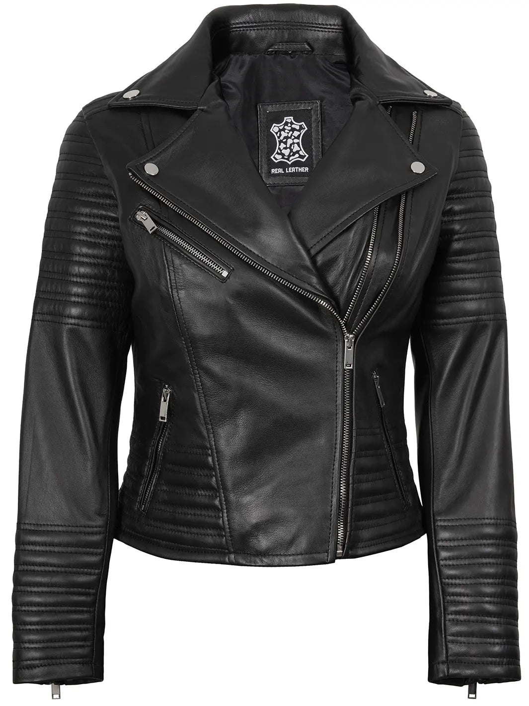 Black Asymmetrical Biker Leather Jackets Womens 