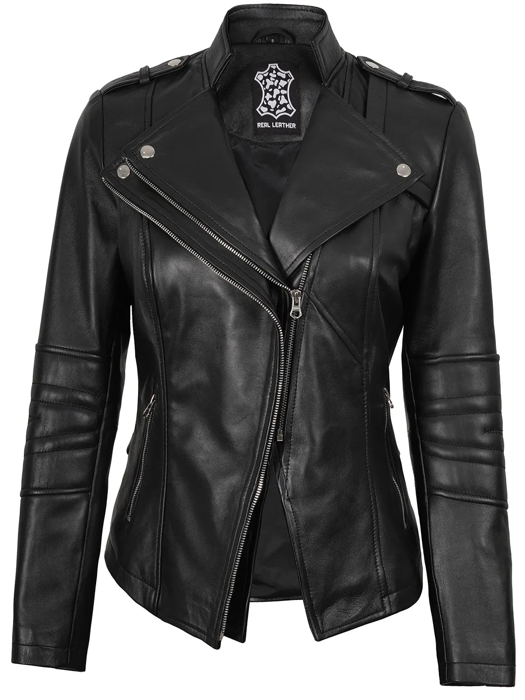 Black Asymmetrical Leather Jacket Womens Monica