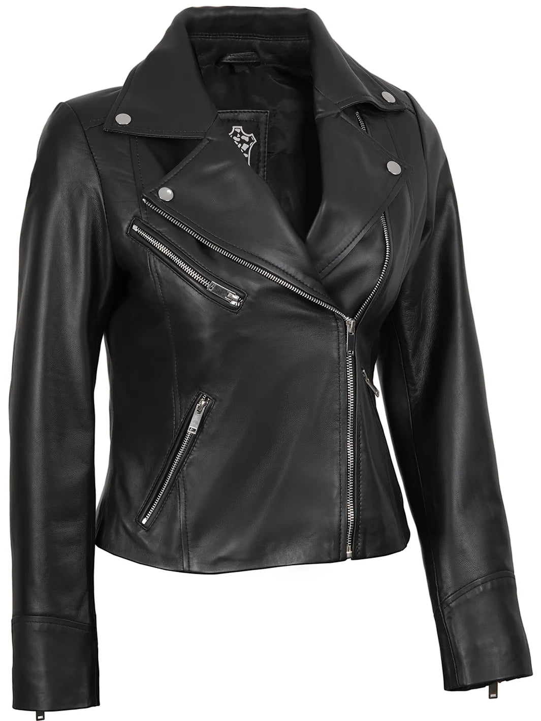 Black Asymmetrical Real Leather Motorcycle Jacket Womens