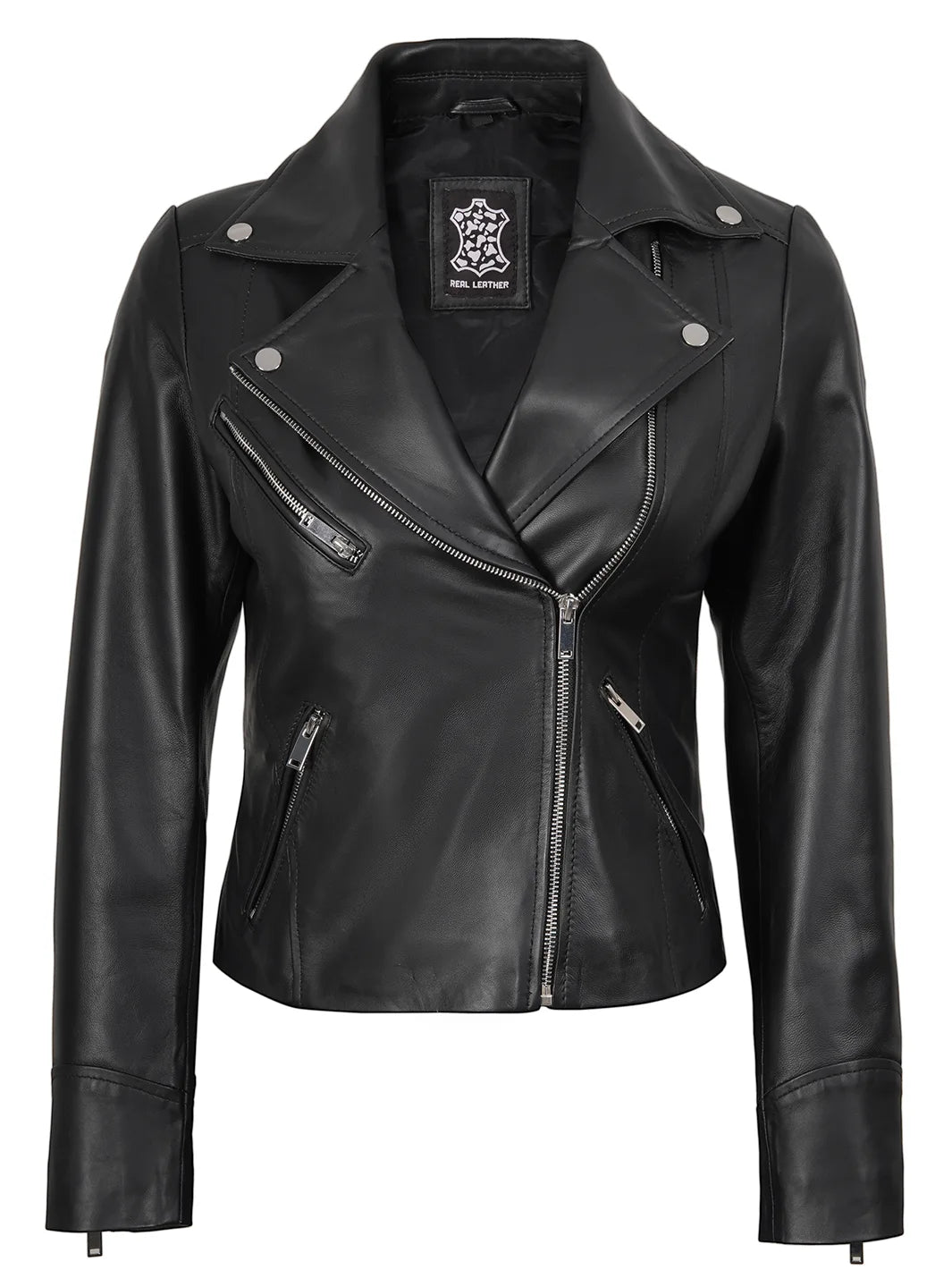 Black Asymmetrical Real Leather Motorcycle Jacket Womens