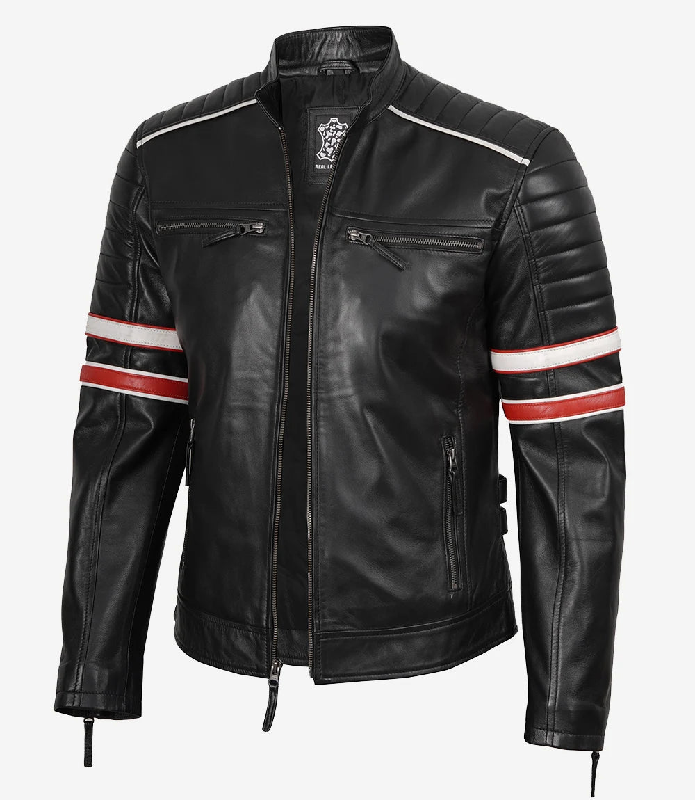 Black Biker Real Leather Jacket with Dual Stripes Mens