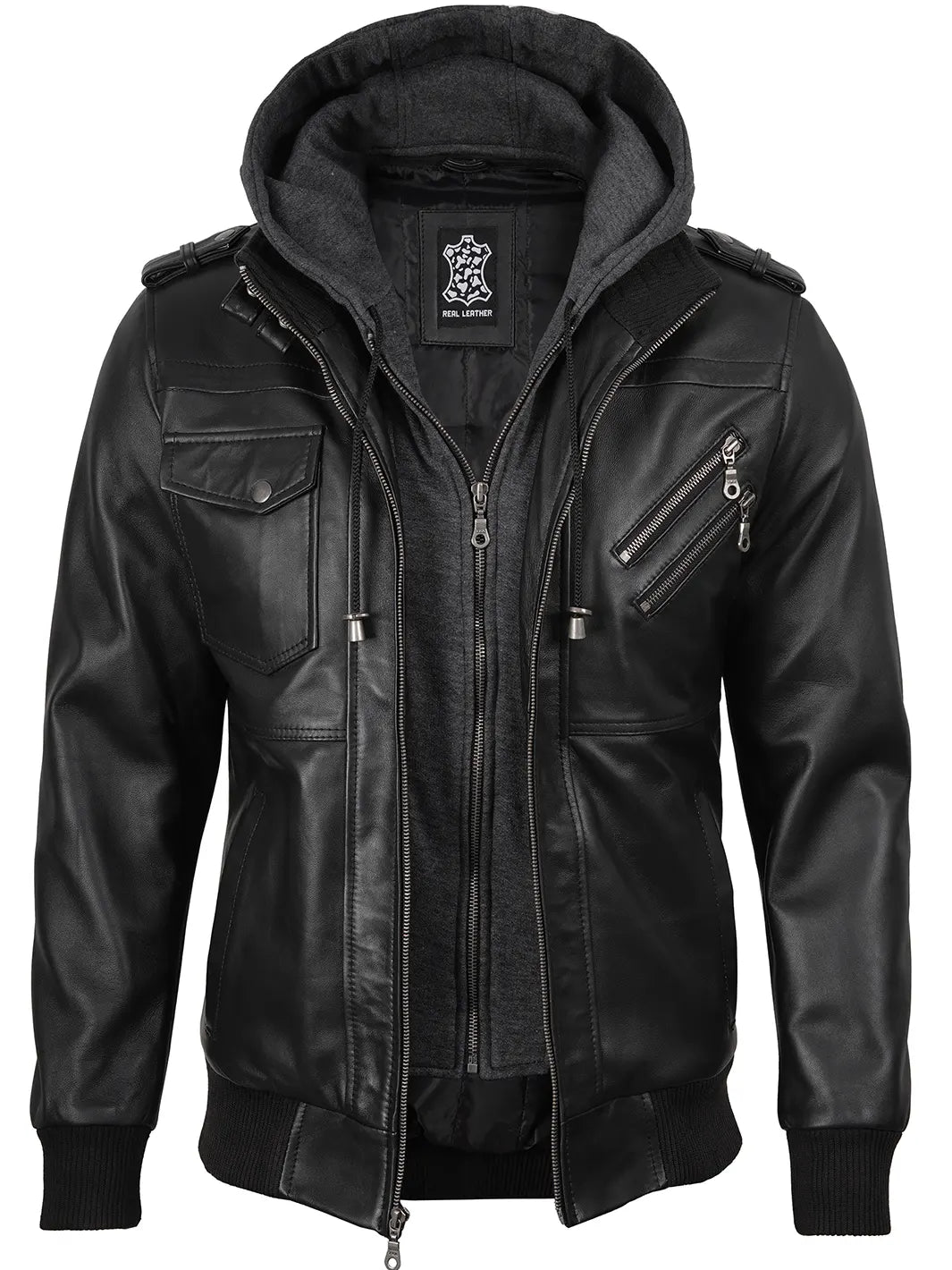 Black Bomber Real Leather Jacket with Removable Hood Men's 