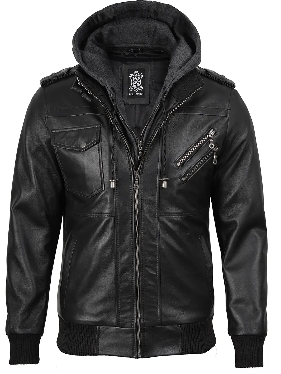 Black Bomber Real Leather Jacket with Removable Hood Mens 